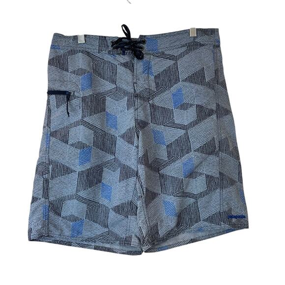 Patagonia Men's Blue Geometric Wavefarer Board Shorts Zipper Pocket sz 32 - Picture 1 of 9